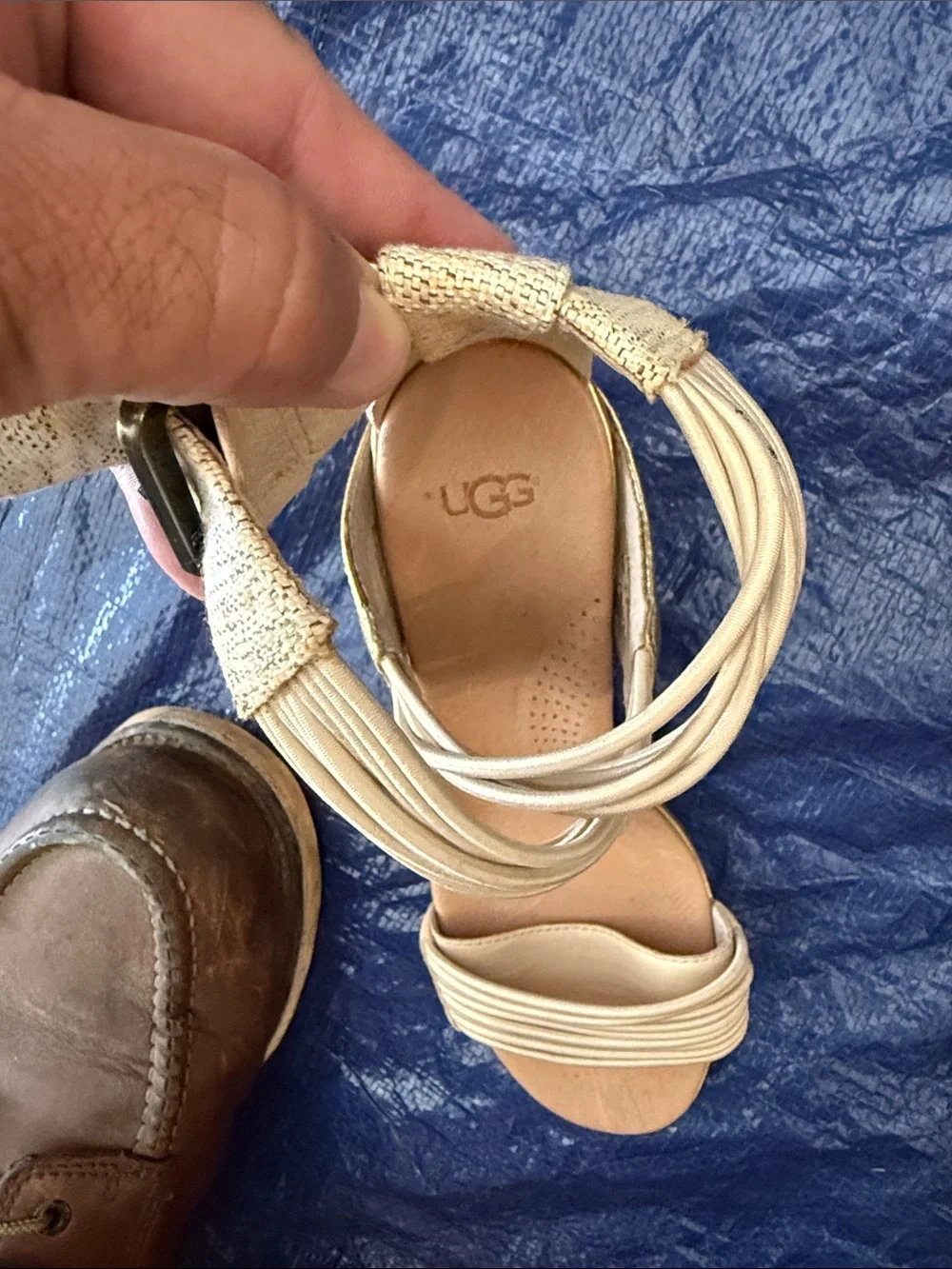 UGG Beige Cork Wedge Sandals with Metallic Ankle Cuff